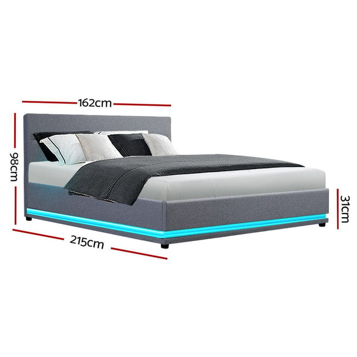 Artiss Furniture > Bedroom Lumi LED Bed Frame Fabric Gas Lift Storage - Grey Queen