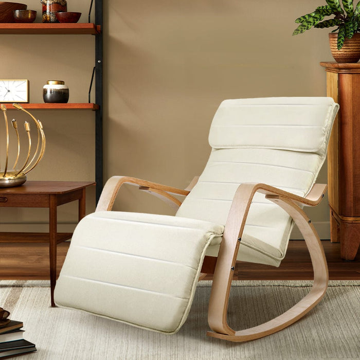 Artiss Furniture > Living Room Fabric Rocking Armchair with Adjustable Footrest - Beige