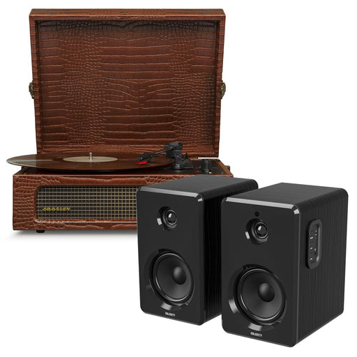 Crosley Audio & Video > Musical Instrument & Accessories Voyager Bluetooth Portable Turntable - Brown Croc + Bundled Majority D40 Bluetooth Speakers - Black