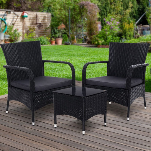 Gardeon Furniture > Outdoor 3pc Black Wicker Coffee Table and Chair Set