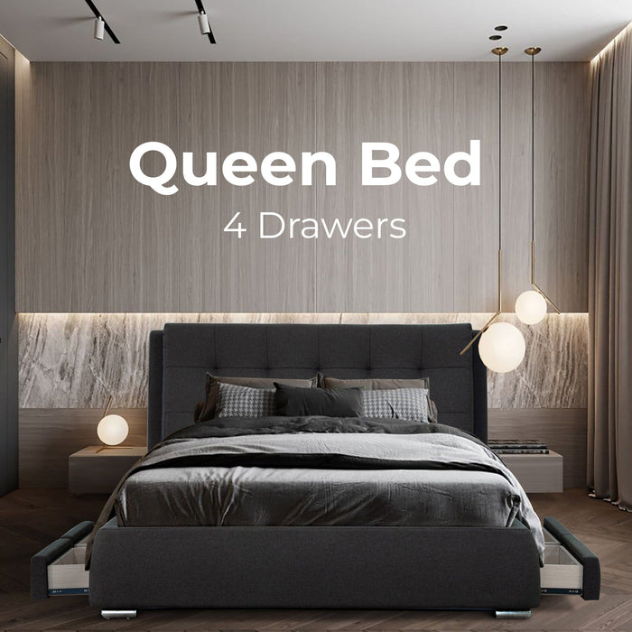 Prasads Home and Garden Furniture > Bedroom Kiama Queen Size Bed Frame Timber Mattress Base With Storage Drawers - Grey