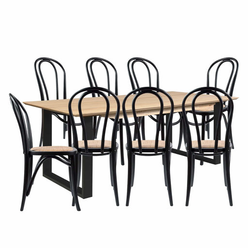 Prasads Home and Garden Furniture > Dining Aconite 9pc 210cm Dining Table Set 8 Arched Back Chair Solid Messmate Timber