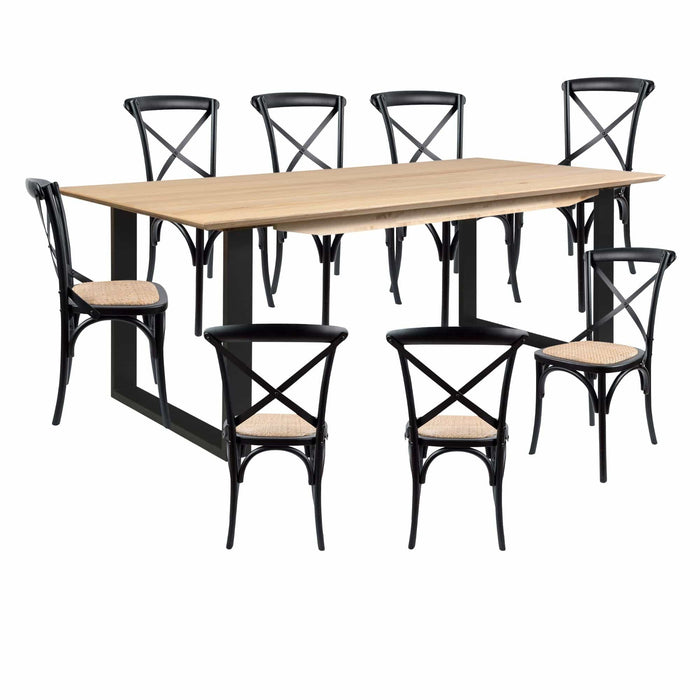 Prasads Home and Garden Furniture > Dining Aconite 9pc 210cm Dining Table Set 8 Cross Back Chair Solid Messmate Timber Wood