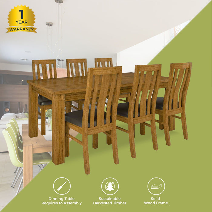 Prasads Home and Garden Furniture > Dining Birdsville 7pc Dining Set 190cm Table 6 PU Seat Chair Solid Mt Ash Wood - Brown