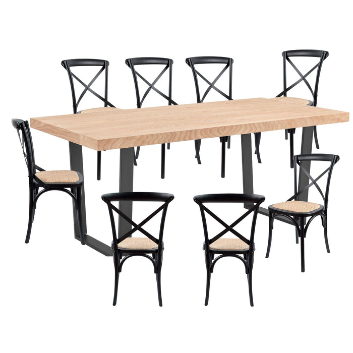 Prasads Home and Garden Furniture > Dining Petunia  9pc 210cm Dining Table Set 8 Cross Back Chair Elm Timber Wood Metal Leg