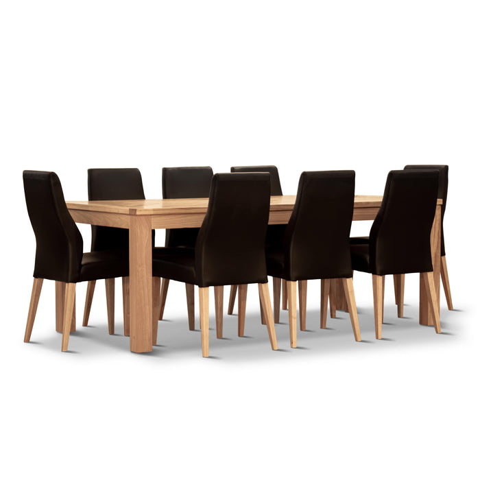 Prasads Home and Garden Furniture > Dining Rosemallow 9pc Dining Set 210cm Table 8 Black PU Chair Solid Messmate Timber