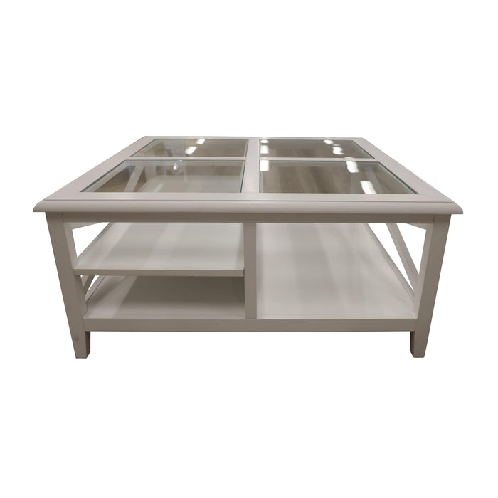 Prasads Home and Garden Furniture > Living Room Daisy Coffee Table 100cm Glass Top Solid Acacia Wood Hampton Furniture - White