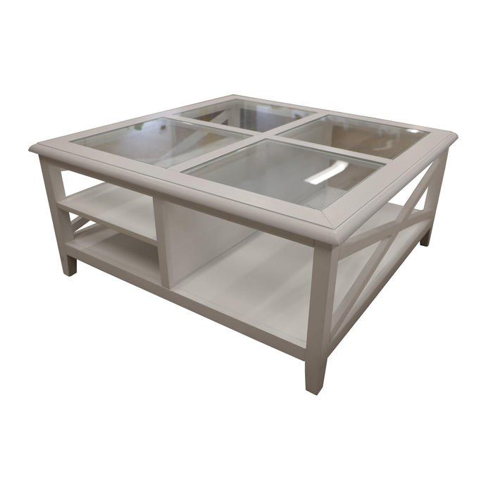 Prasads Home and Garden Furniture > Living Room Daisy Coffee Table 100cm Glass Top Solid Acacia Wood Hampton Furniture - White