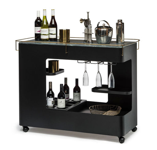 Prasads Home and Garden Furniture > Living Room Large Contemporary Black Gold Drinks Trolley Bar Cart with Marble Top and Stemware Rack
