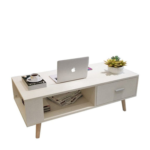 Prasads Home and Garden Furniture > Living Room White Coffee Table Storage Drawer & Open Shelf With Wooden Legs
