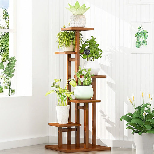 Prasads Home and Garden Furniture > Office 5 Tiers Vertical Bamboo Plant Stand Staged Flower Shelf Rack Outdoor Garden