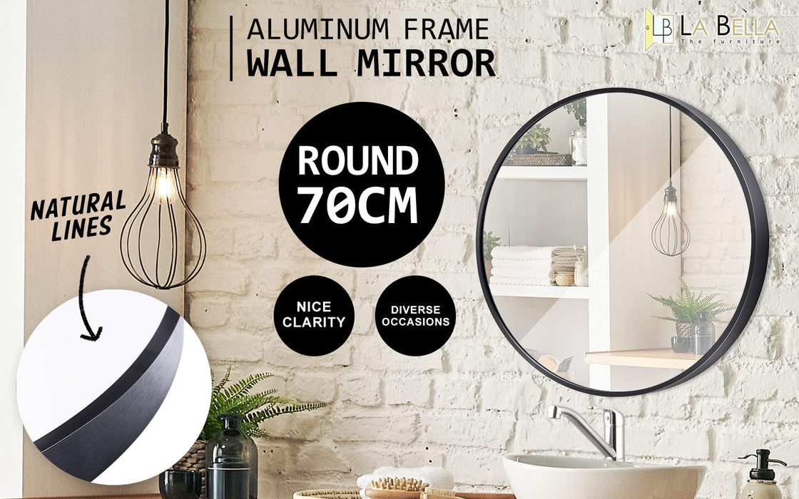 Prasads Home and Garden Health & Beauty > Makeup Mirrors La Bella Black Wall Mirror Round Aluminum Frame Makeup Decor Bathroom Vanity 70cm