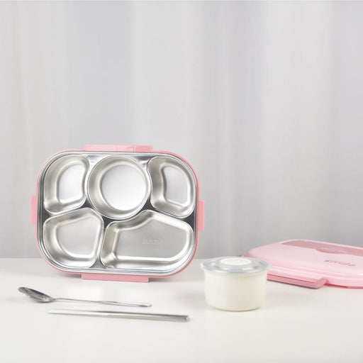Prasads Home and Garden Home & Garden > Kitchenware Stainless Steel 5 Divided Smile Small Lunch Box with Soup Pot - Pink