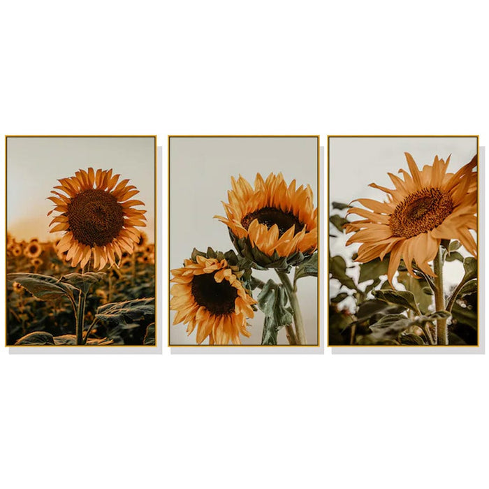Prasads Home and Garden Home & Garden > Wall Art Wall Art 80cmx120cm Sunflower 3 Sets Gold Frame Canvas