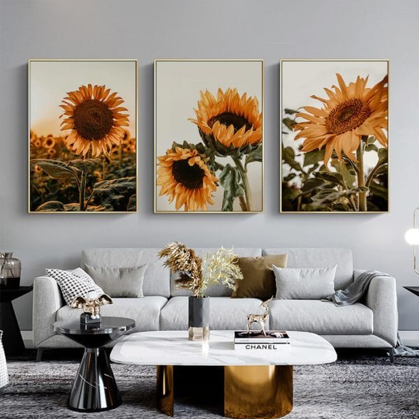 Prasads Home and Garden Home & Garden > Wall Art Wall Art 80cmx120cm Sunflower 3 Sets Gold Frame Canvas