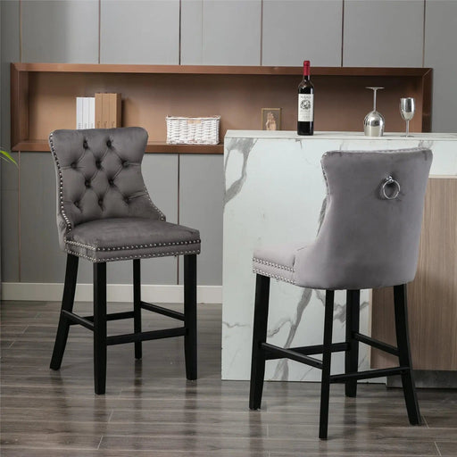 Prasads Home Furniture > Bar Stools & Chairs 2X Velvet Bar Stools with Studs Trim Wooden Legs - Gray