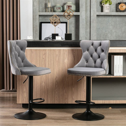 Prasads Home Furniture > Bar Stools & Chairs Height Adjustable Swivel Bar Stool Velvet with Footrest - Gray