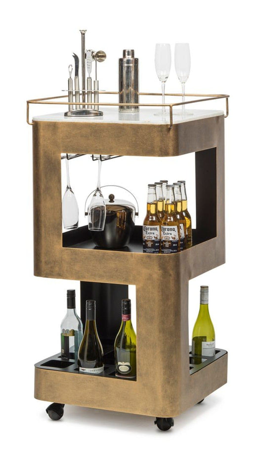 Prasads Home Furniture > Living Room Contemporary French Brass Drinks Trolley Bar Cart with White Marble Top