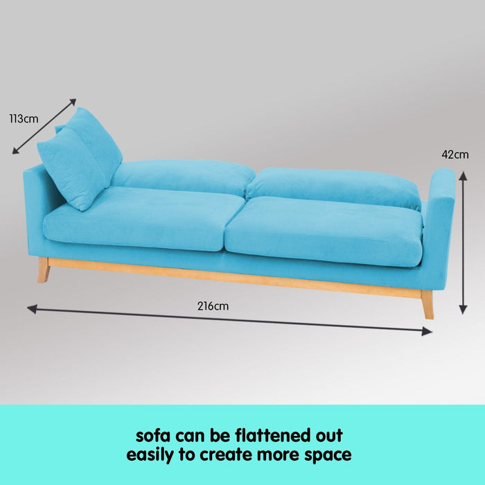 Sarantino Furniture > Sofas 3 Seater Faux Velvet Wooden Sofa Bed - Blue
