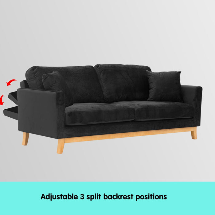 Sarantino Furniture > Sofas 3 Seater Faux Velvet Wooden Sofa Bed Couch Furniture - Black