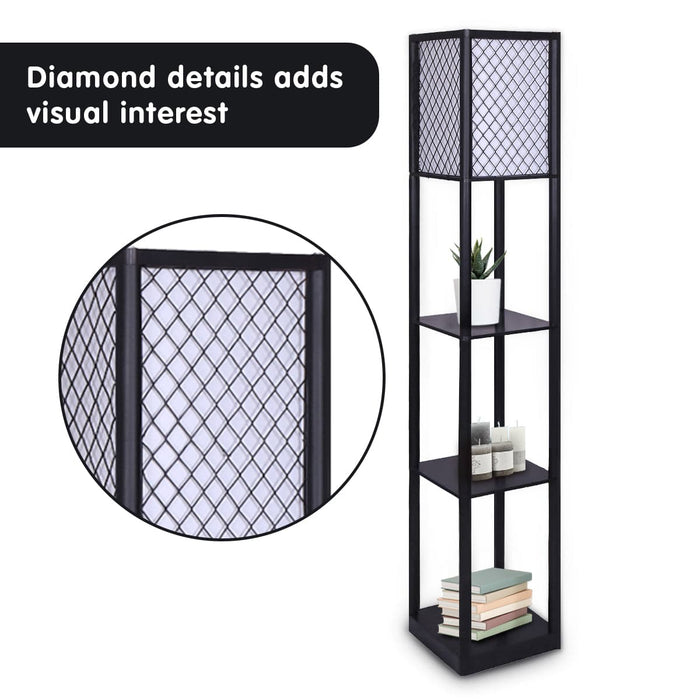 Sarantino Home & Garden > Lighting Etagere Floor Lamp Diamond Look Fabric Shade Shelves Black