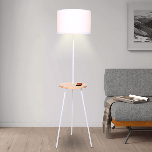 Sarantino Home & Garden > Lighting Metal Tripod Floor Lamp Shade with Wooden Table Shelf