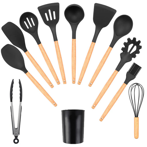 12pcs Heat-Resistant Silicone and Wood Kitchen Cooking Utensil Set_0