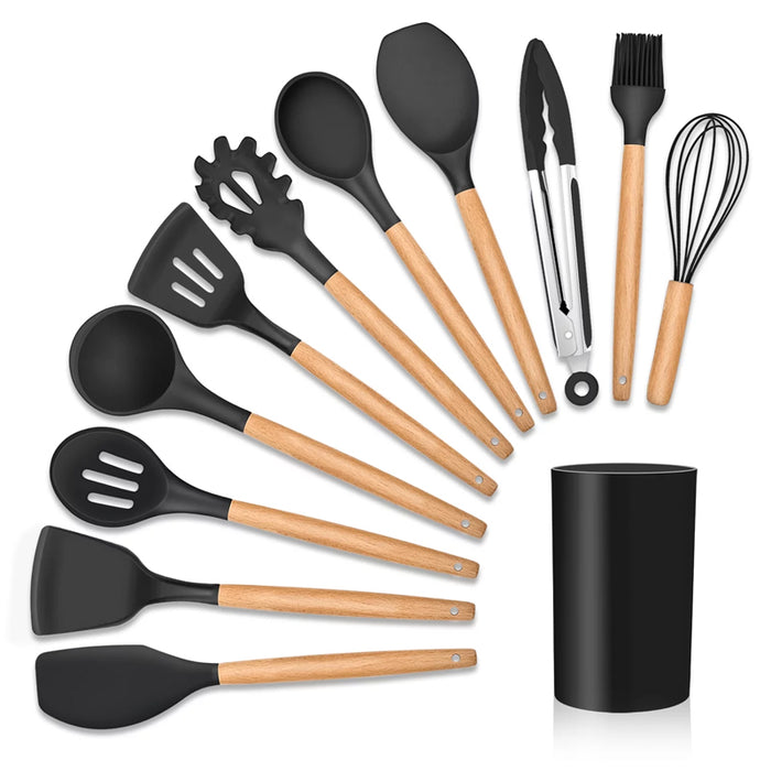 12pcs Heat-Resistant Silicone and Wood Kitchen Cooking Utensil Set_1