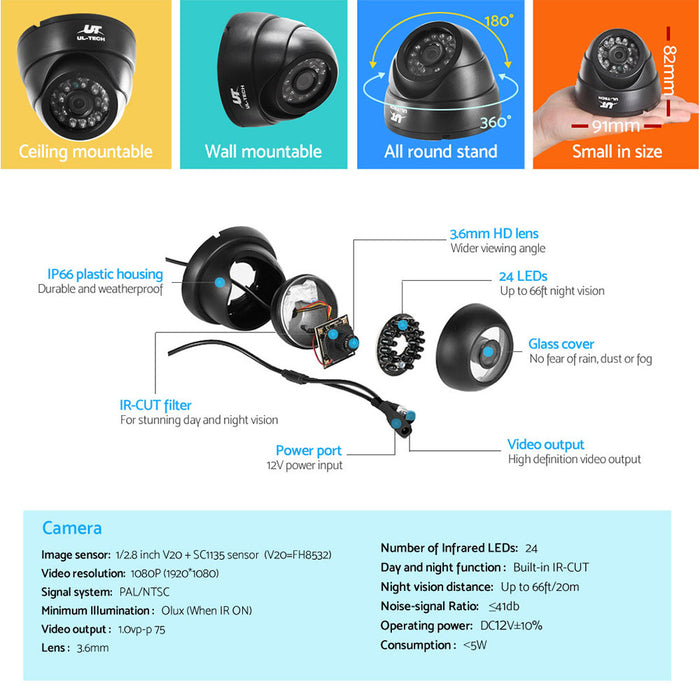 CCTV Camera Security System Home 8CH DVR 1080P IP Day Night 4 Dome Cameras Kit