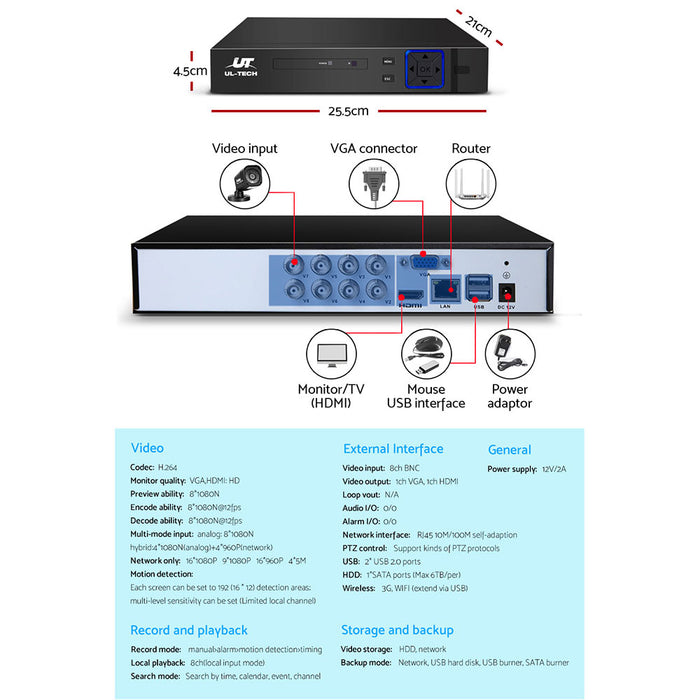 8CH 5 IN 1 DVR CCTV Security System Video Recorder /w 8 Cameras 1080P HDMI Black