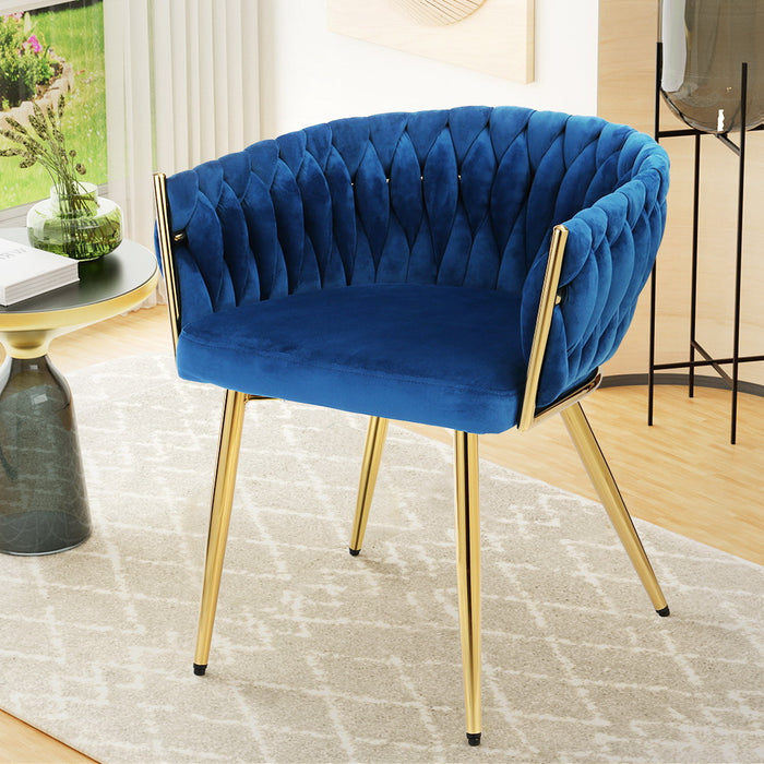 Dining Chair Velvet Upholstered Woven Back Armrest - Blue
