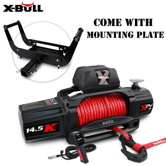 X-BULL 12V Electric Winch 14500LBS synthetic rope with winch mounting plate