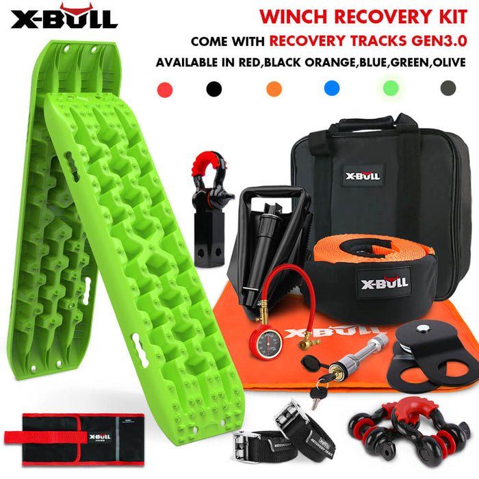 X-BULL Winch Recovery Kit with Recovery Tracks Boards Gen 3.0 Snatch Strap Off Road 4WD Green