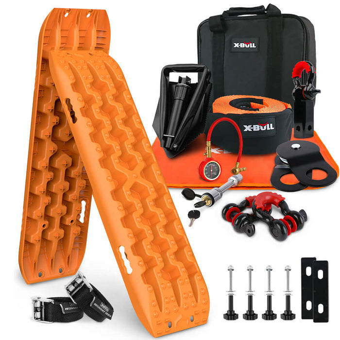 X-BULL Winch Recovery Kit with Recovery Tracks Boards Gen 3.0 Mounting Pins Snatch Strap Off Road 4WD Orange