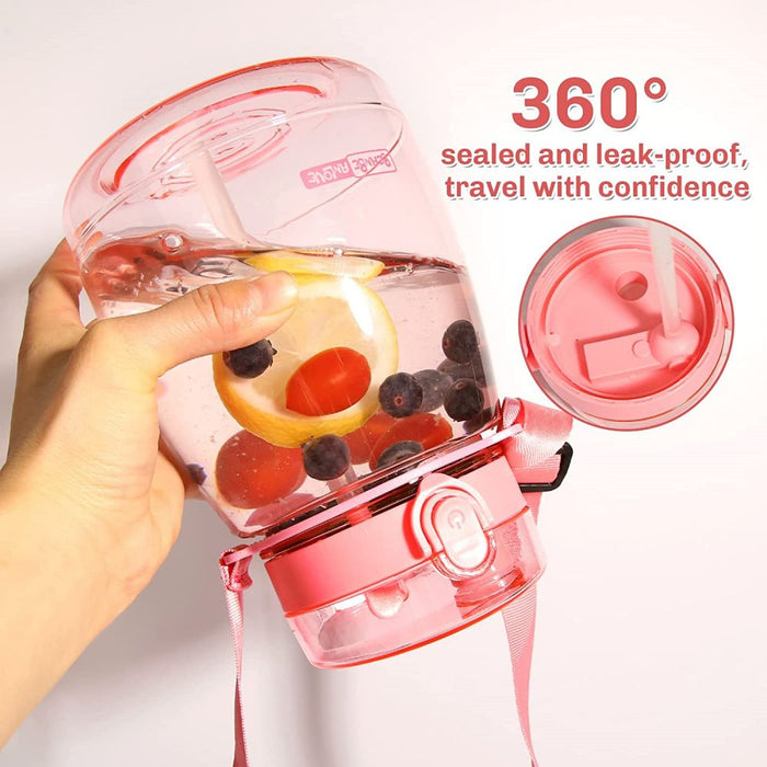 Clear Large Water Bottle Water Jug with Adjustable Shoulder Strap - Pink