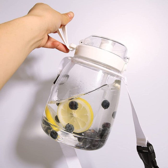 Clear Large Water Bottle Water Jug with Adjustable Shoulder Strap - White