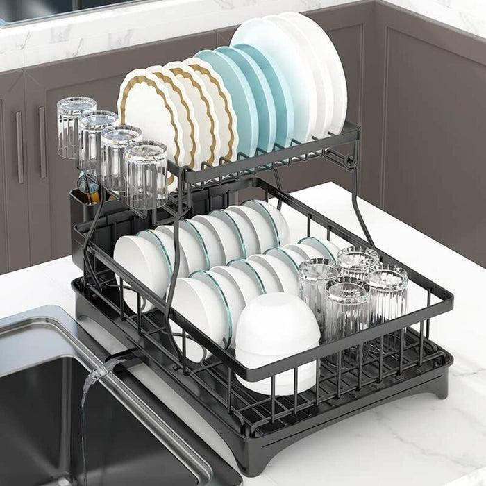 2 Tier Dish Drying Rack with Drain Board and Drip Tray