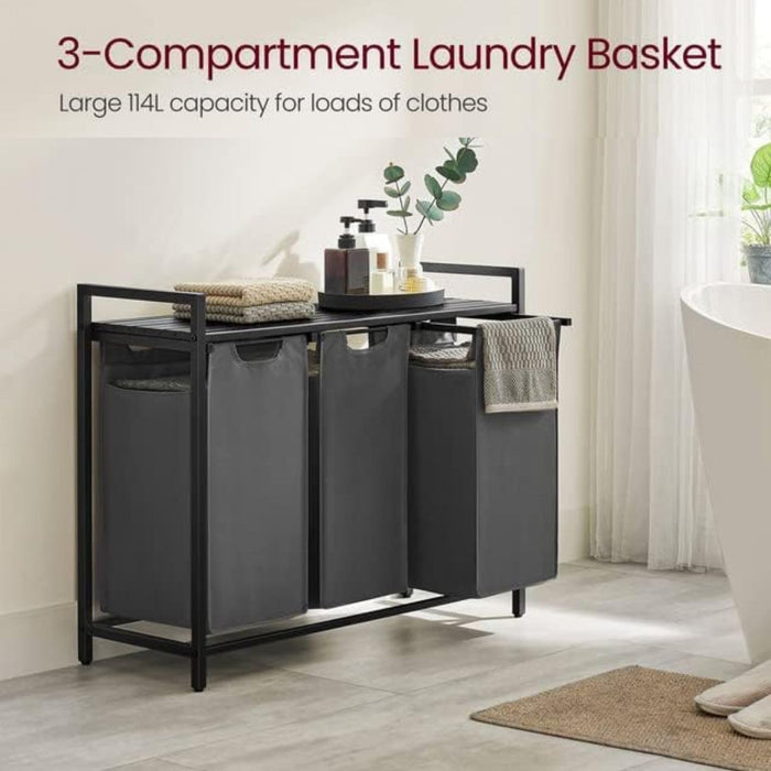Laundry Hamper with Shelf and Pull-Out Bag 3 x 38L Black and Grey