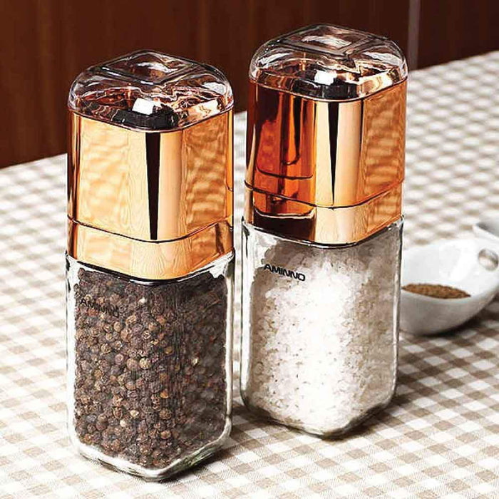 Salt and Pepper Grinder - 180ml Glass Design + Rose Gold Bottle Manual Hand Mill
