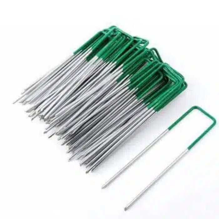 100 Pieces Fake Grass Galvanised Metal Pegs With Green Top